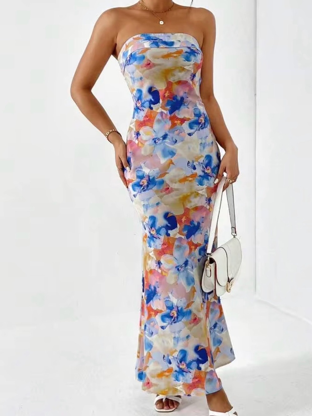 SHEIN Strapless Watercolor Floral Maxi Dress - Blue, Pink, Yellow - Size XS